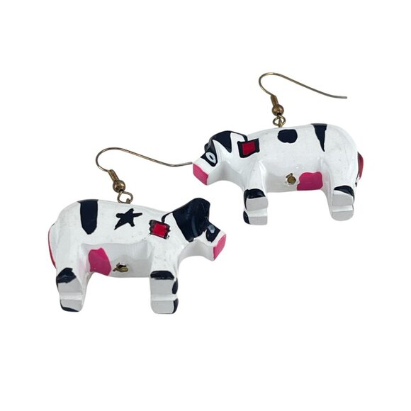 Handcrafted Wooden Cow Earrings Cute Farm Animal Dangle Jewelry Whimsical - Picture 4 of 6